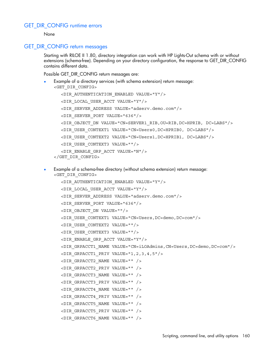 Get_dir_config runtime errors, Get_dir_config return messages | HP Remote Insight Lights-Out Edition II Board User Manual | Page 160 / 205