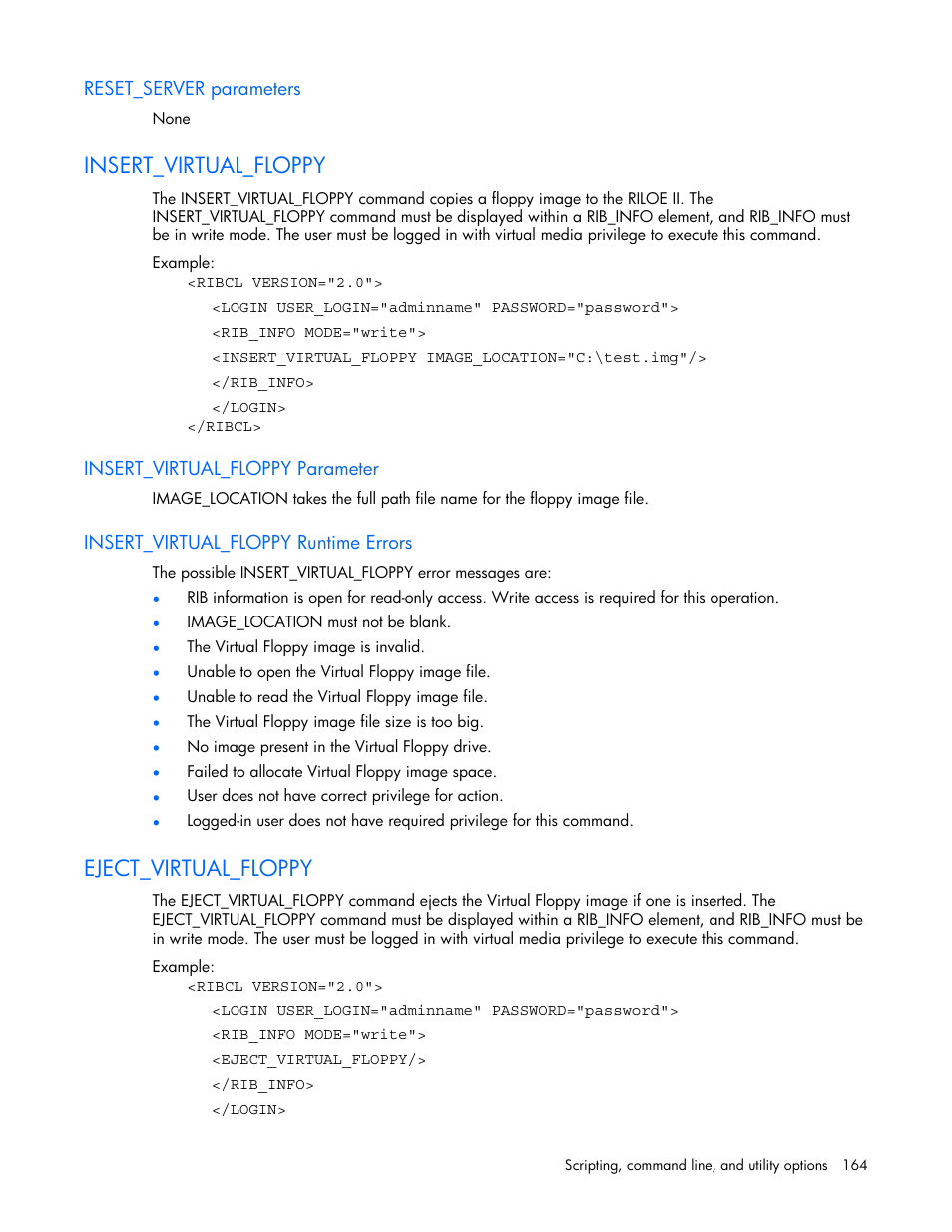 Reset_server parameters, Insert_virtual_floppy, Insert_virtual_floppy parameter | Insert_virtual_floppy runtime errors, Eject_virtual_floppy | HP Remote Insight Lights-Out Edition II Board User Manual | Page 164 / 205