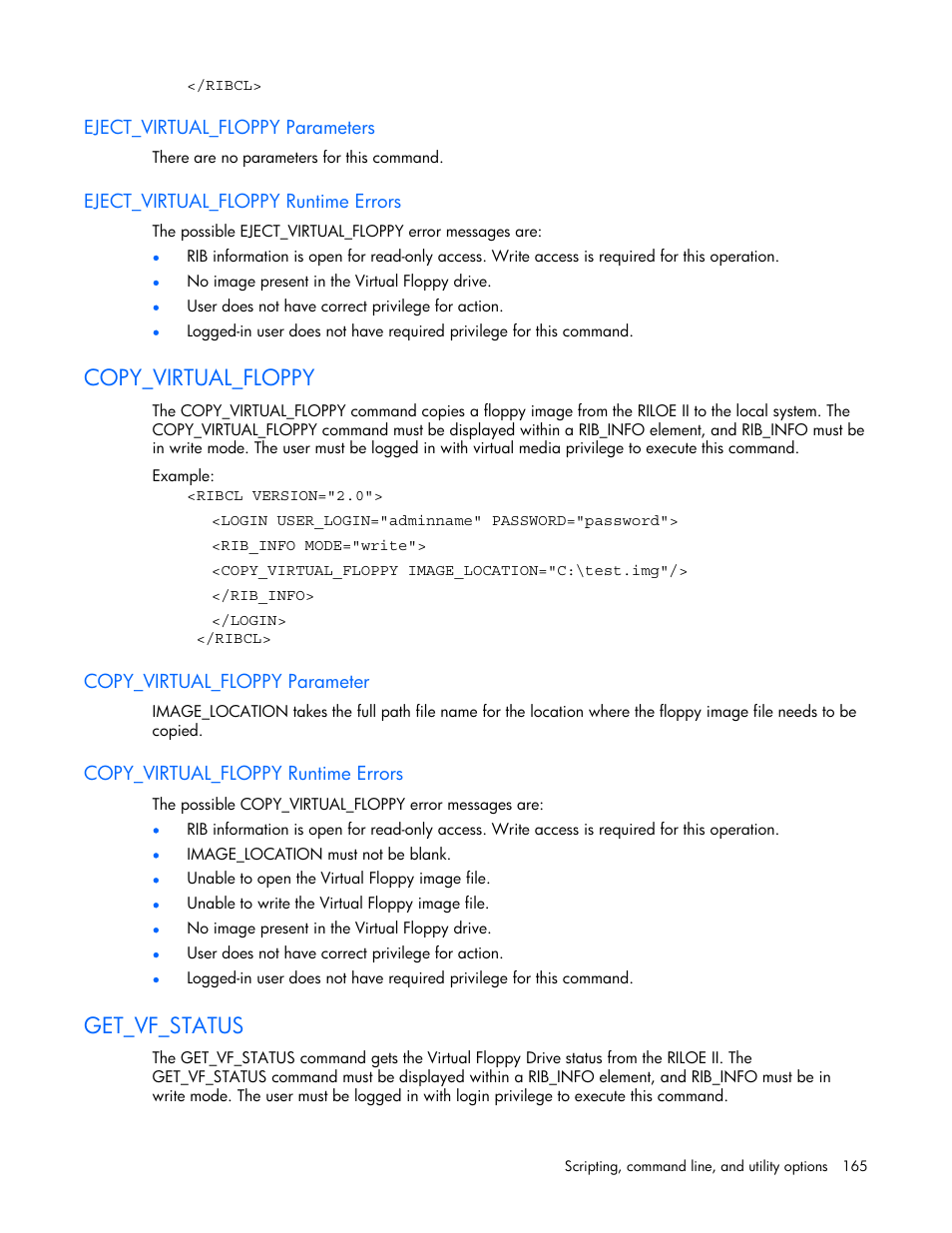 Eject_virtual_floppy parameters, Eject_virtual_floppy runtime errors, Copy_virtual_floppy | Copy_virtual_floppy parameter, Copy_virtual_floppy runtime errors, Get_vf_status | HP Remote Insight Lights-Out Edition II Board User Manual | Page 165 / 205