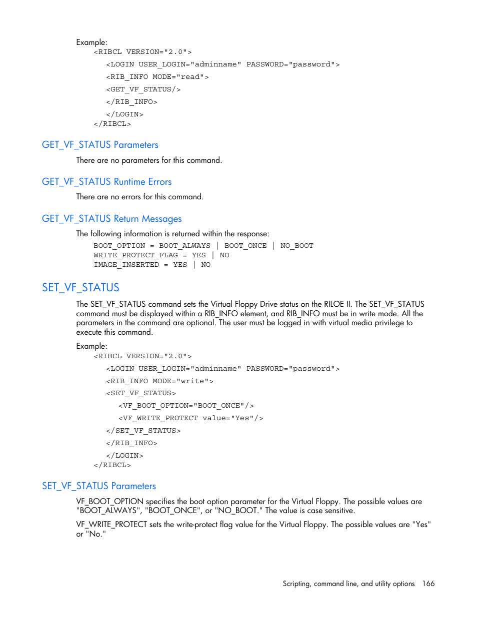 Get_vf_status parameters, Get_vf_status runtime errors, Get_vf_status return messages | Set_vf_status, Set_vf_status parameters | HP Remote Insight Lights-Out Edition II Board User Manual | Page 166 / 205