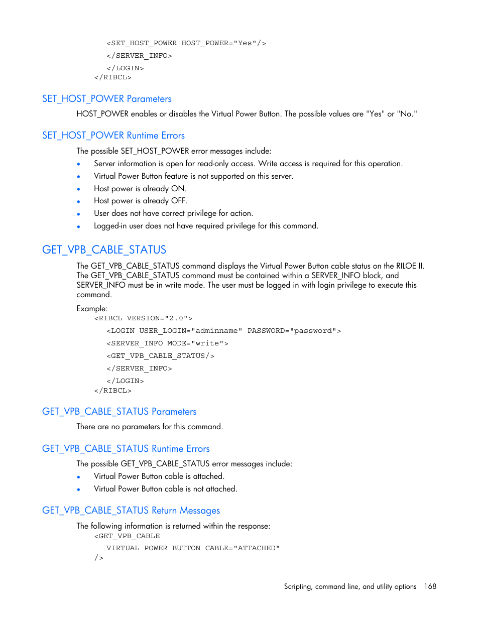 Set_host_power parameters, Set_host_power runtime errors, Get_vpb_cable_status | Get_vpb_cable_status parameters, Get_vpb_cable_status runtime errors, Get_vpb_cable_status return messages | HP Remote Insight Lights-Out Edition II Board User Manual | Page 168 / 205