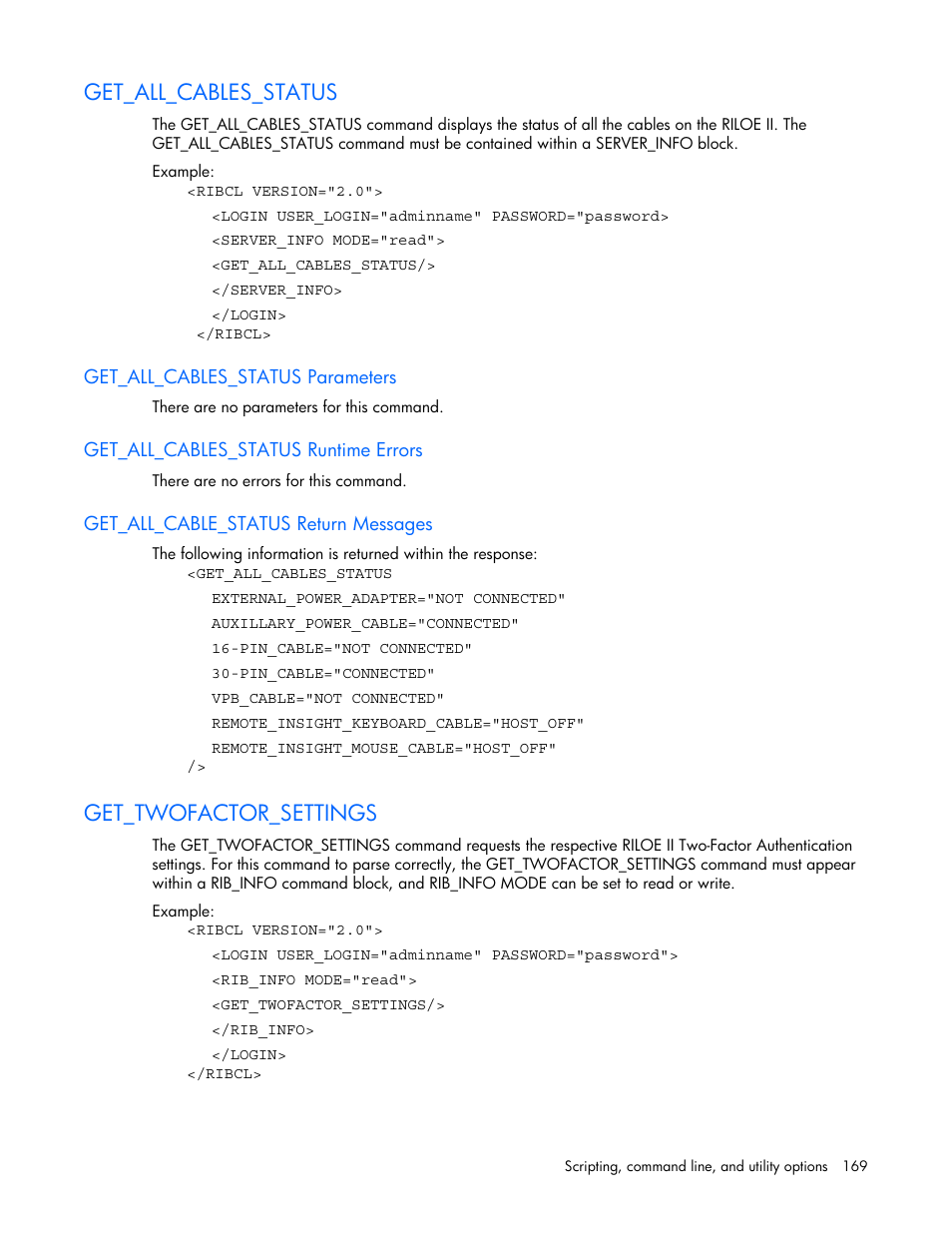 Get_all_cables_status, Get_all_cables_status parameters, Get_all_cables_status runtime errors | Get_all_cable_status return messages, Get_twofactor_settings | HP Remote Insight Lights-Out Edition II Board User Manual | Page 169 / 205