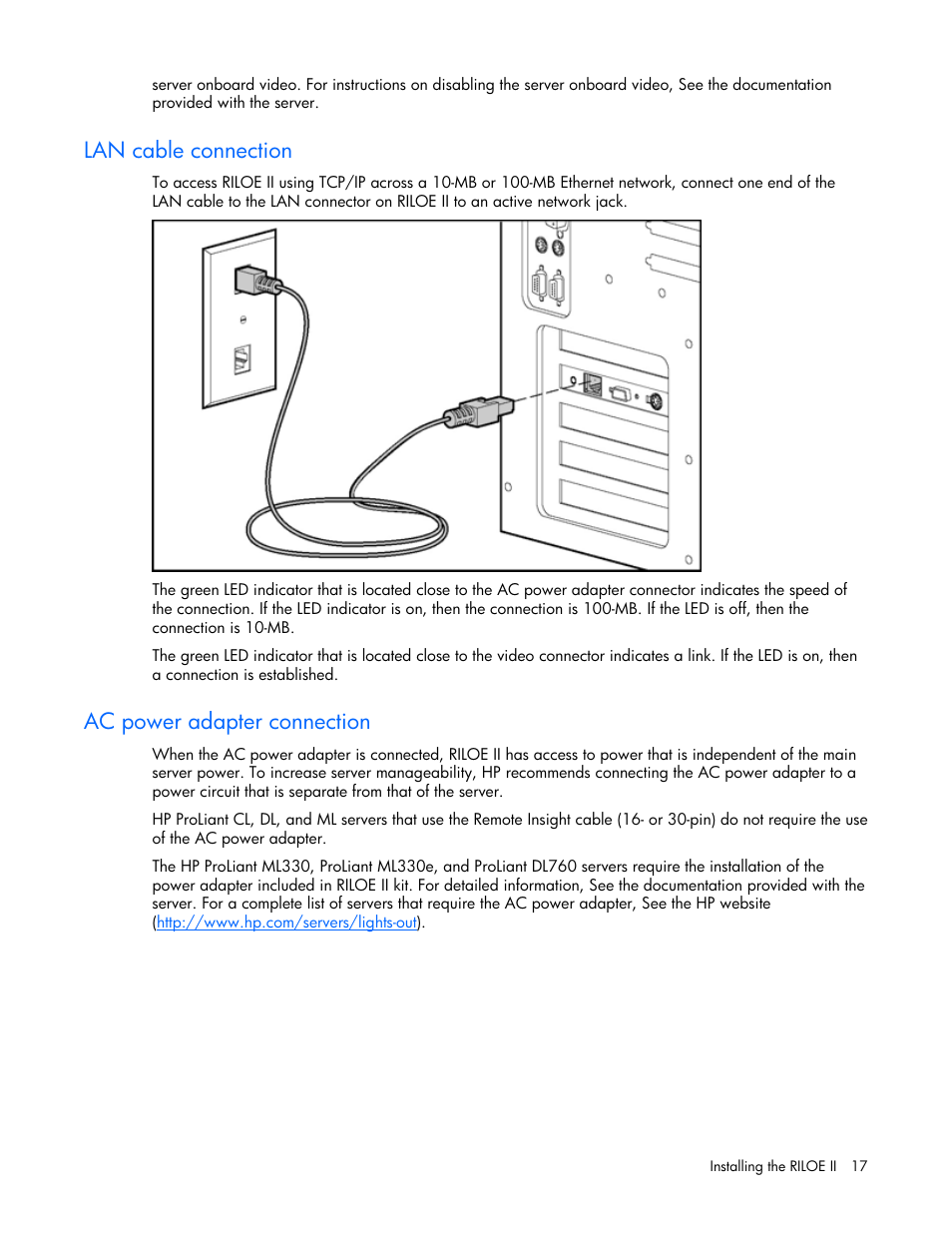 Lan cable connection, Ac power adapter connection | HP Remote Insight Lights-Out Edition II Board User Manual | Page 17 / 205