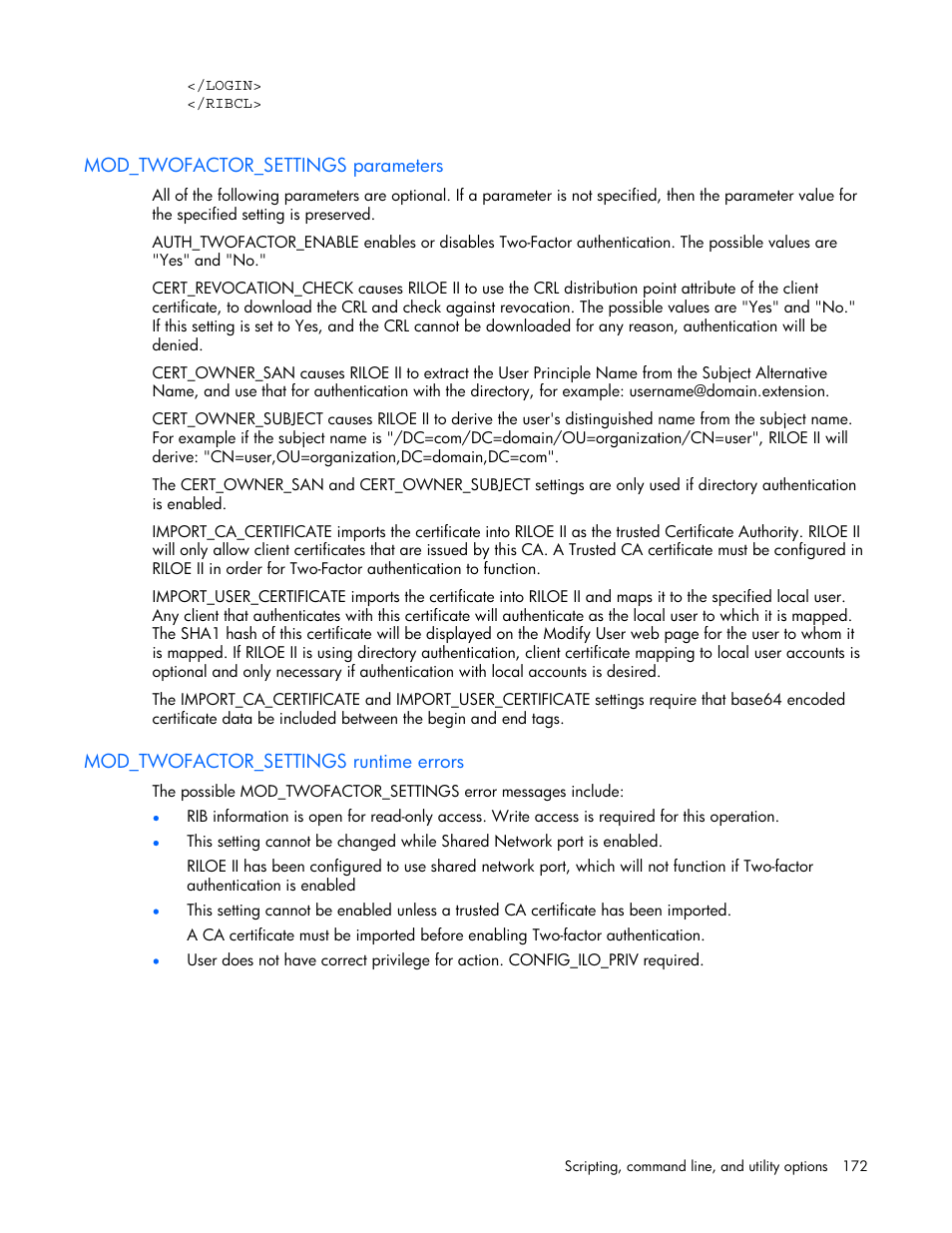 Mod_twofactor_settings parameters, Mod_twofactor_settings runtime errors | HP Remote Insight Lights-Out Edition II Board User Manual | Page 172 / 205