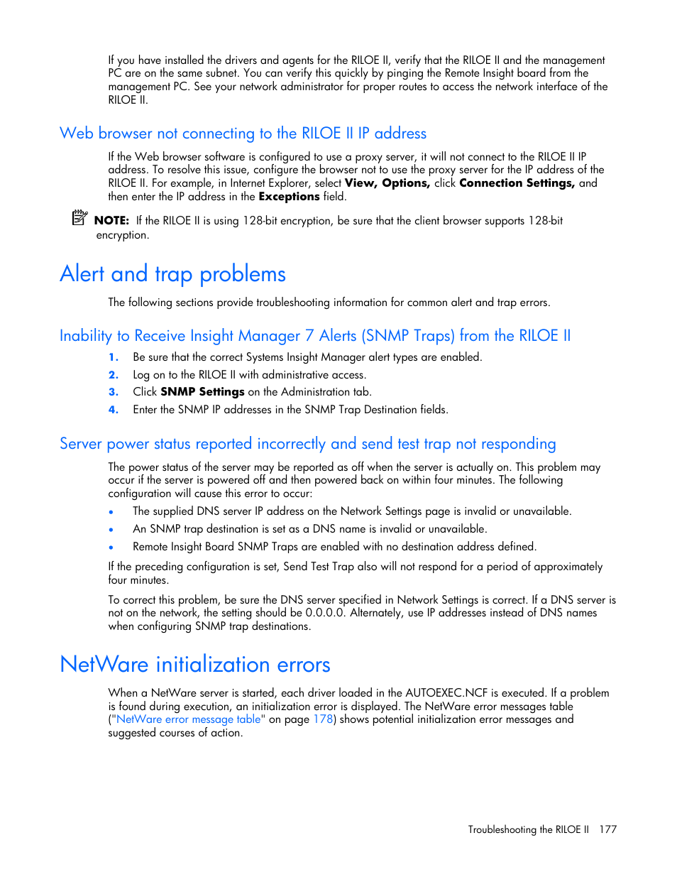 Alert and trap problems, Netware initialization errors, 177 netware initialization errors | HP Remote Insight Lights-Out Edition II Board User Manual | Page 177 / 205