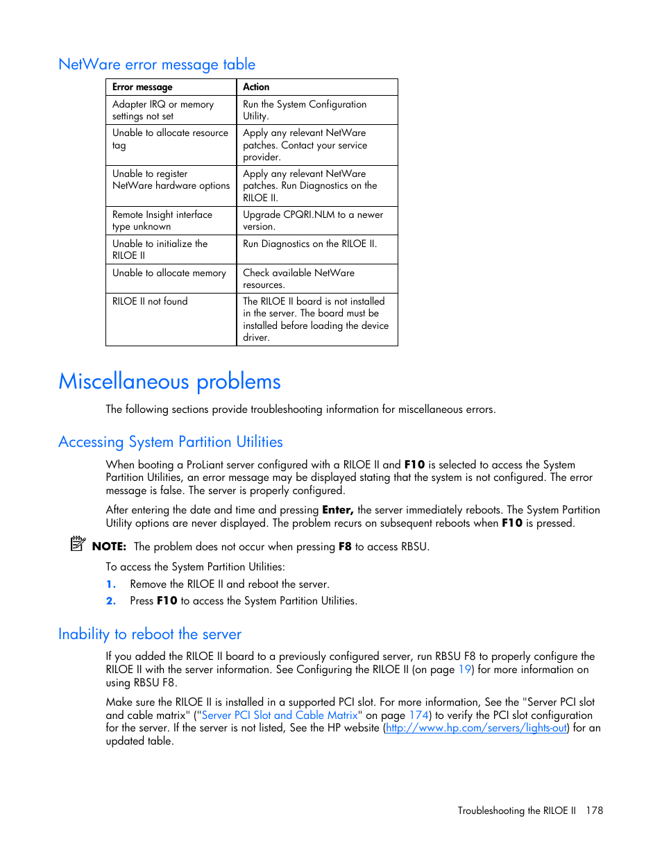 Netware error message table, Miscellaneous problems, Accessing system partition utilities | Inability to reboot the server | HP Remote Insight Lights-Out Edition II Board User Manual | Page 178 / 205