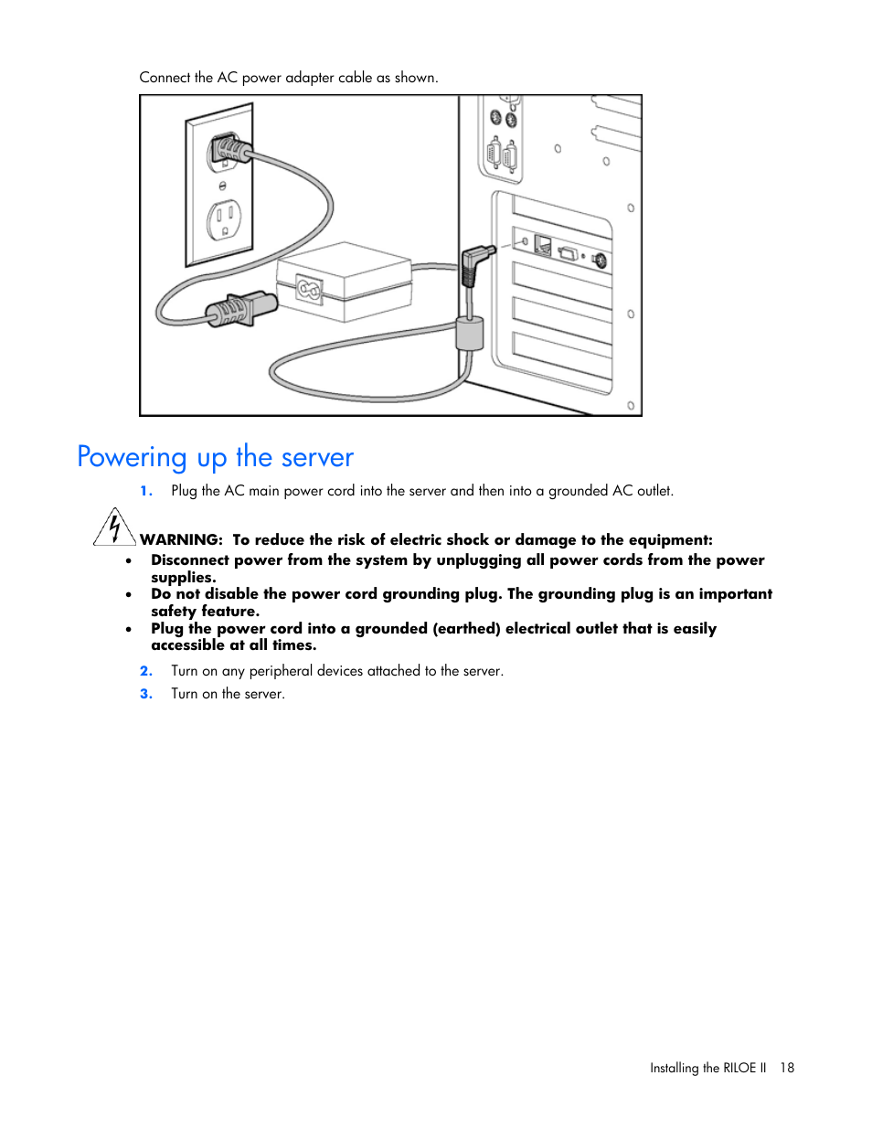 Powering up the server | HP Remote Insight Lights-Out Edition II Board User Manual | Page 18 / 205