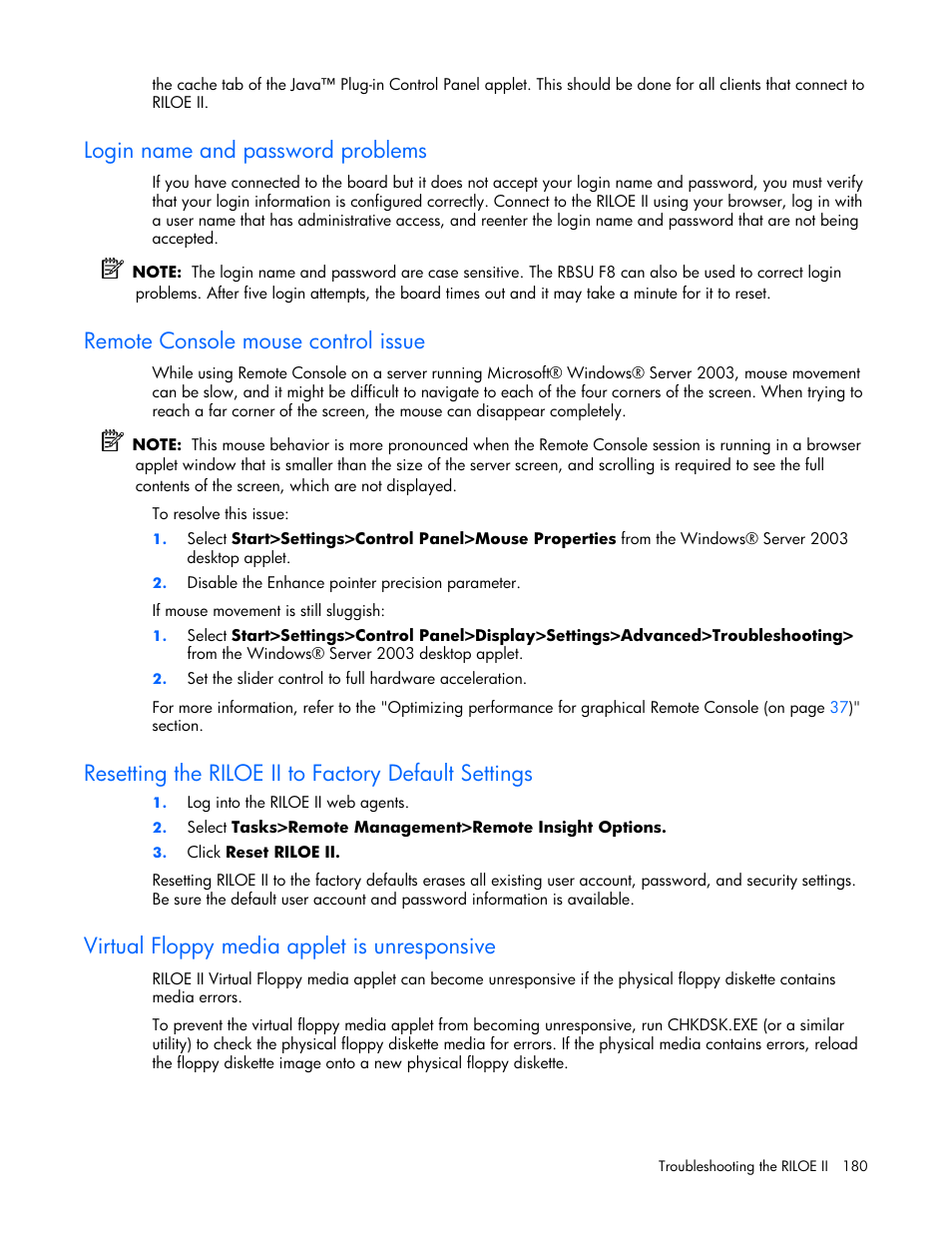 Login name and password problems, Remote console mouse control issue, Resetting the riloe ii to factory default settings | Virtual floppy media applet is unresponsive | HP Remote Insight Lights-Out Edition II Board User Manual | Page 180 / 205