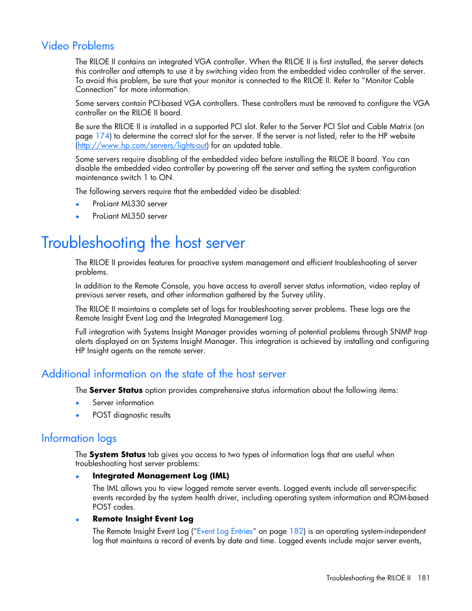 Video problems, Troubleshooting the host server, Information logs | HP Remote Insight Lights-Out Edition II Board User Manual | Page 181 / 205