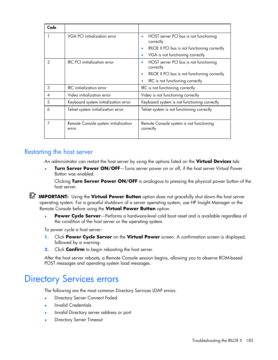 Restarting the host server, Directory services errors | HP Remote Insight Lights-Out Edition II Board User Manual | Page 185 / 205