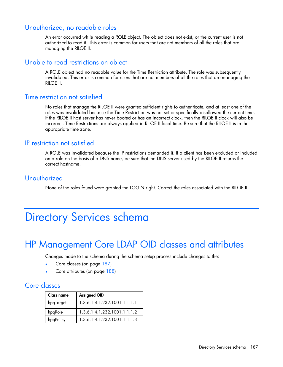 Unauthorized, no readable roles, Unable to read restrictions on object, Time restriction not satisfied | Ip restriction not satisfied, Unauthorized, Directory services schema, Hp management core ldap oid classes and attributes, Core classes | HP Remote Insight Lights-Out Edition II Board User Manual | Page 187 / 205