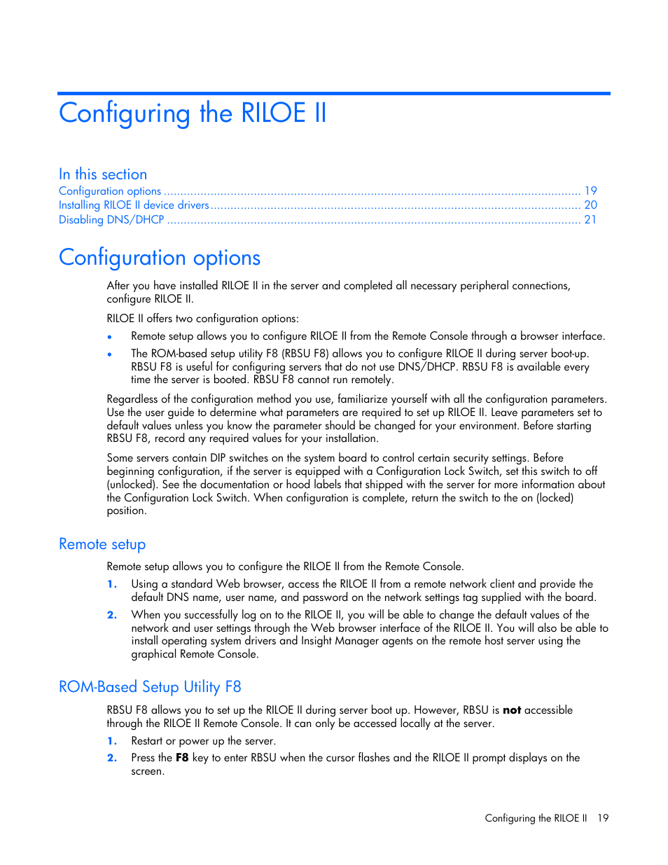 Configuring the riloe ii, Configuration options, Remote setup | Rom-based setup utility f8 | HP Remote Insight Lights-Out Edition II Board User Manual | Page 19 / 205