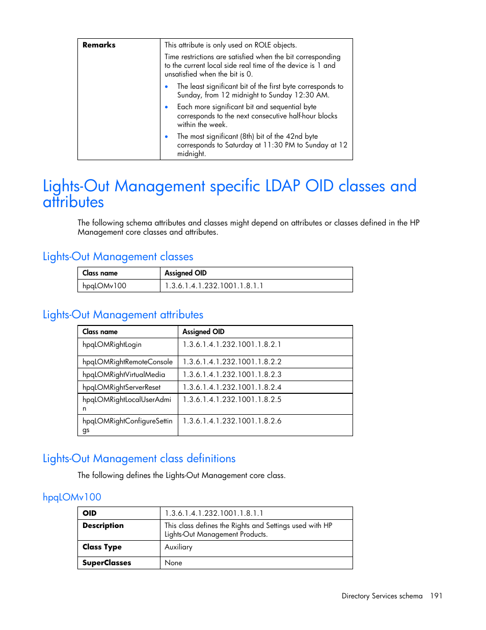 Lights-out management classes, Lights-out management attributes, Lights-out management class definitions | Hpqlomv100 | HP Remote Insight Lights-Out Edition II Board User Manual | Page 191 / 205