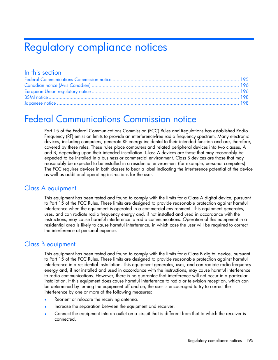 Regulatory compliance notices, Federal communications commission notice, Class a equipment | Class b equipment | HP Remote Insight Lights-Out Edition II Board User Manual | Page 195 / 205
