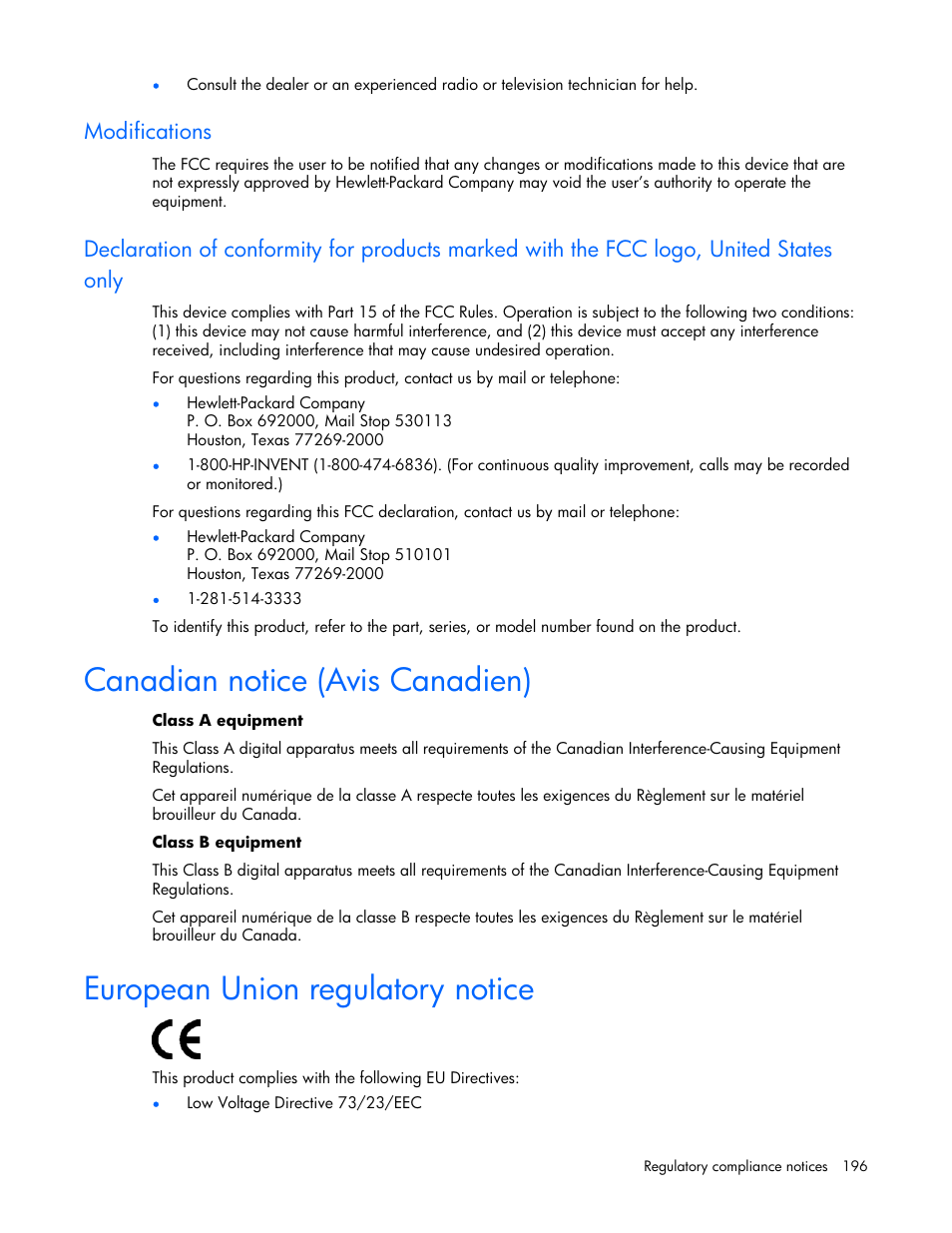 Modifications, Canadian notice (avis canadien), European union regulatory notice | 196 european union regulatory notice | HP Remote Insight Lights-Out Edition II Board User Manual | Page 196 / 205