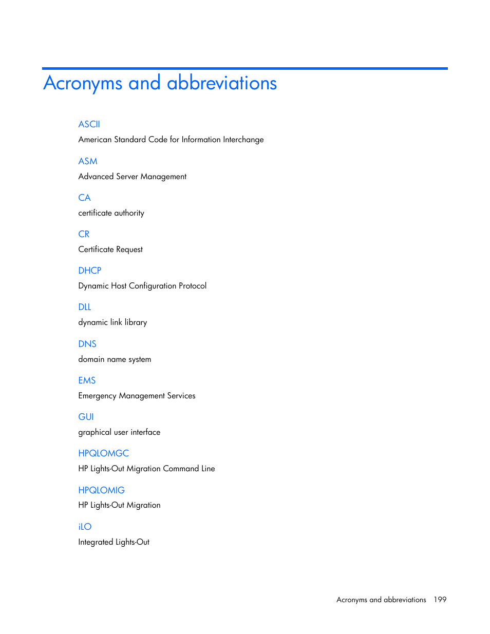 Acronyms and abbreviations | HP Remote Insight Lights-Out Edition II Board User Manual | Page 199 / 205