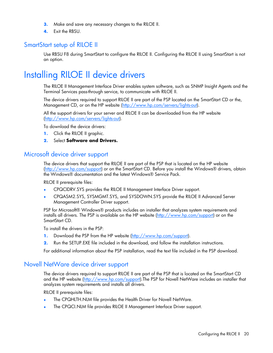 Smartstart setup of riloe ii, Installing riloe ii device drivers, Microsoft device driver support | Novell netware device driver support | HP Remote Insight Lights-Out Edition II Board User Manual | Page 20 / 205
