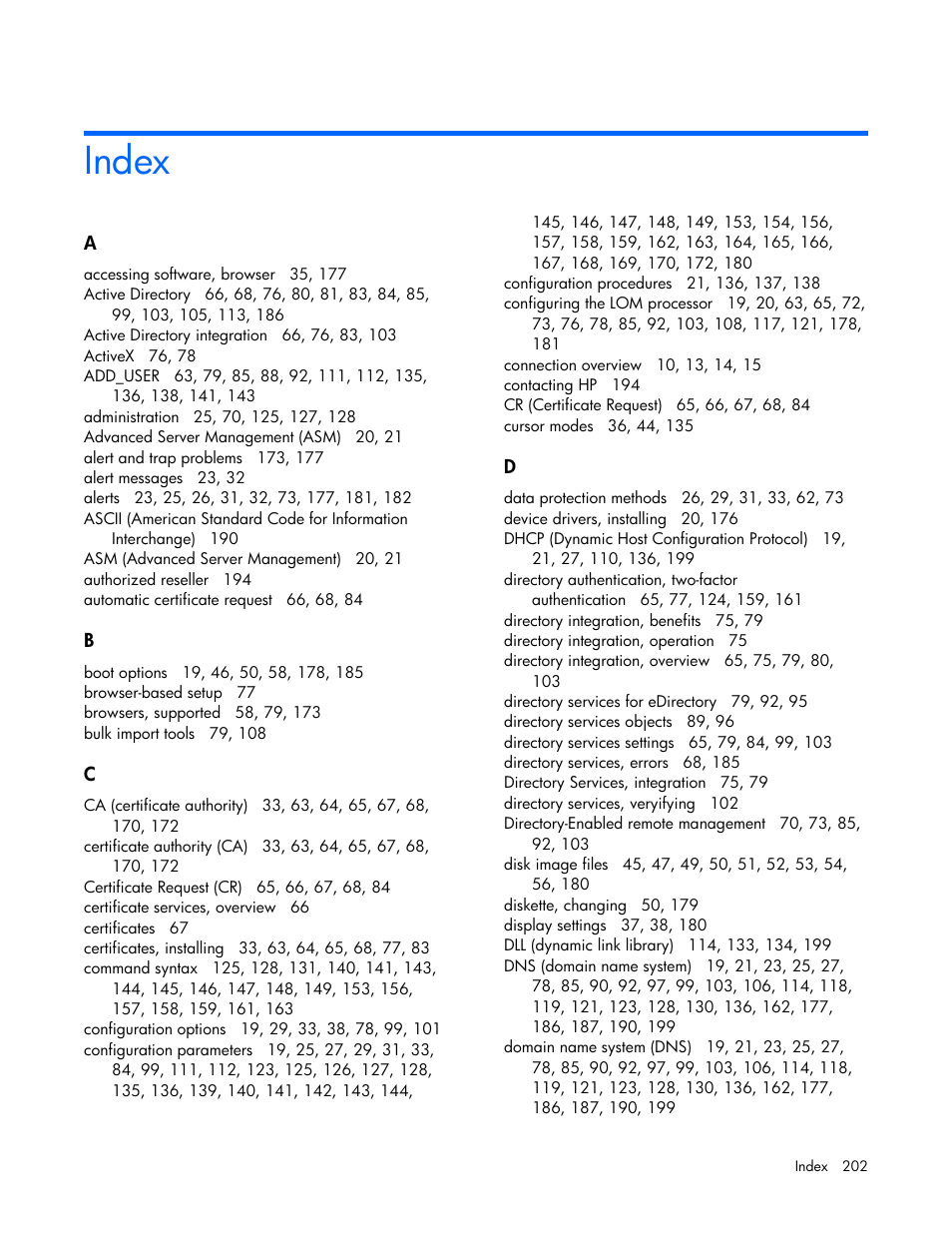 Index | HP Remote Insight Lights-Out Edition II Board User Manual | Page 202 / 205