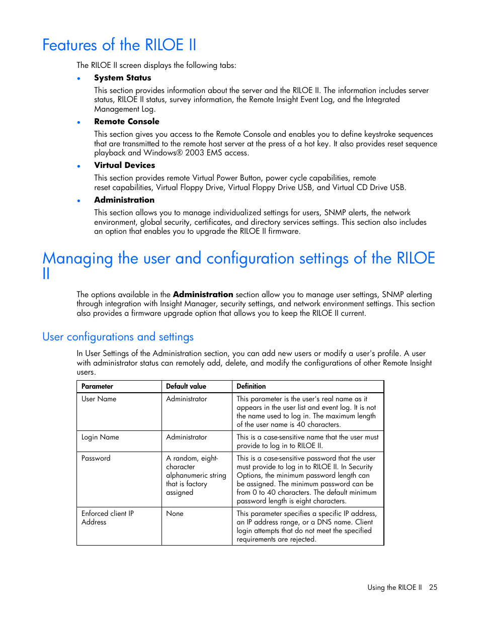 Features of the riloe ii, User configurations and settings | HP Remote Insight Lights-Out Edition II Board User Manual | Page 25 / 205