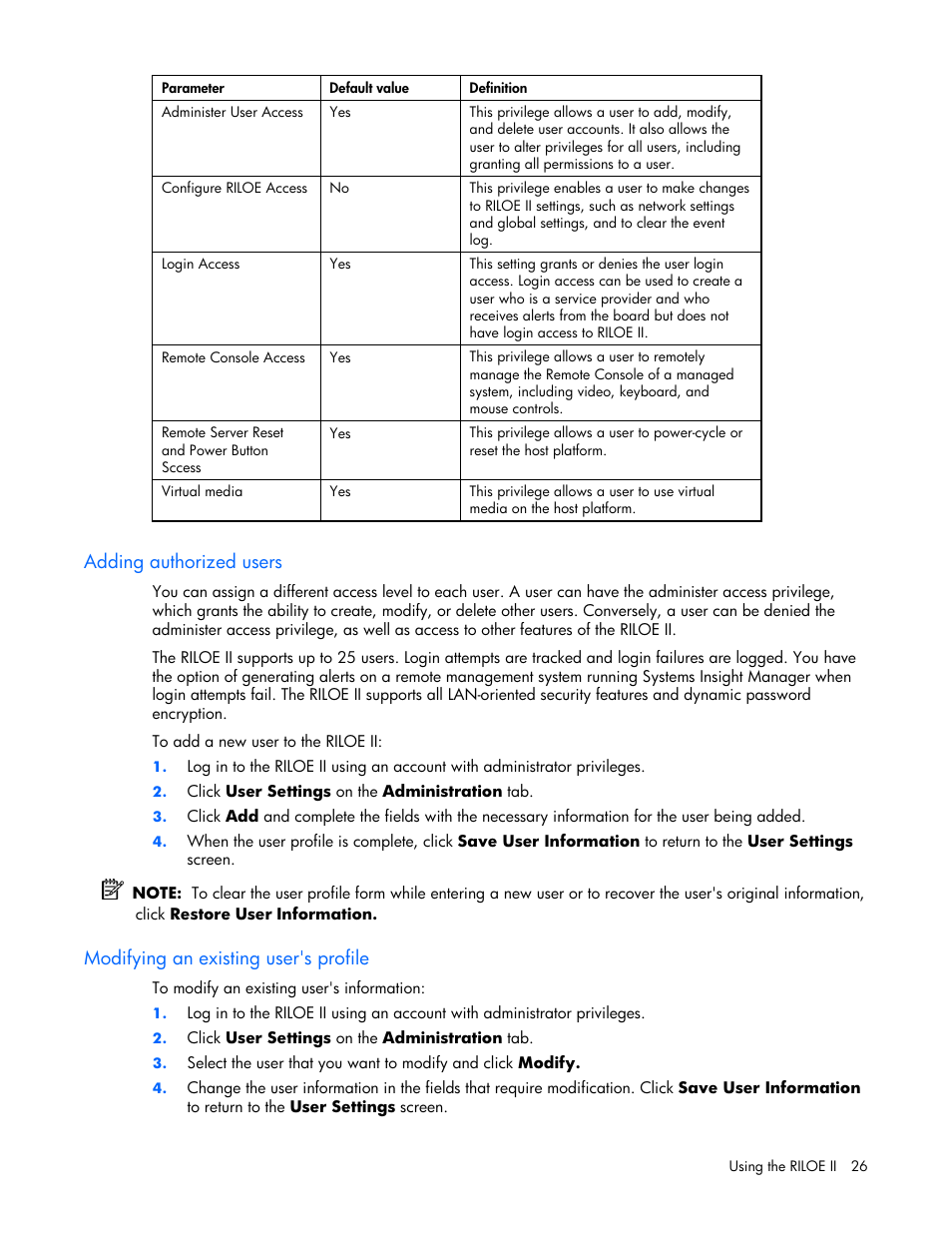 Adding authorized users, Modifying an existing user's profile | HP Remote Insight Lights-Out Edition II Board User Manual | Page 26 / 205
