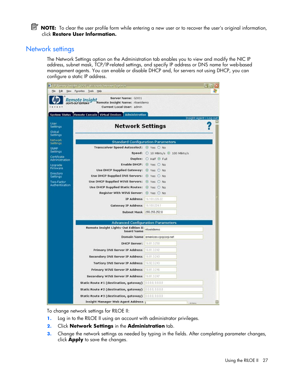 Network settings | HP Remote Insight Lights-Out Edition II Board User Manual | Page 27 / 205