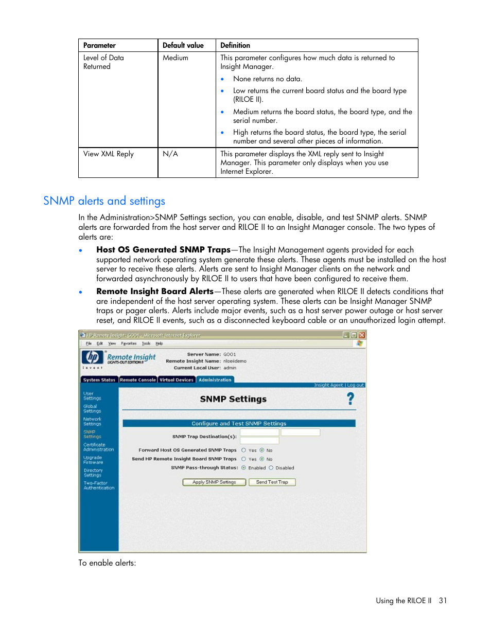 Snmp alerts and settings | HP Remote Insight Lights-Out Edition II Board User Manual | Page 31 / 205