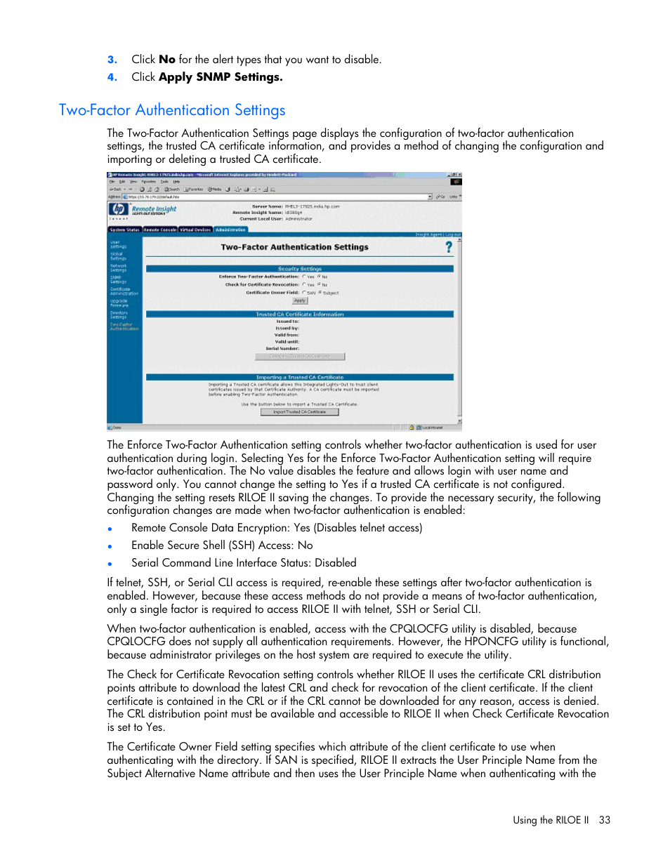 Two-factor authentication settings | HP Remote Insight Lights-Out Edition II Board User Manual | Page 33 / 205
