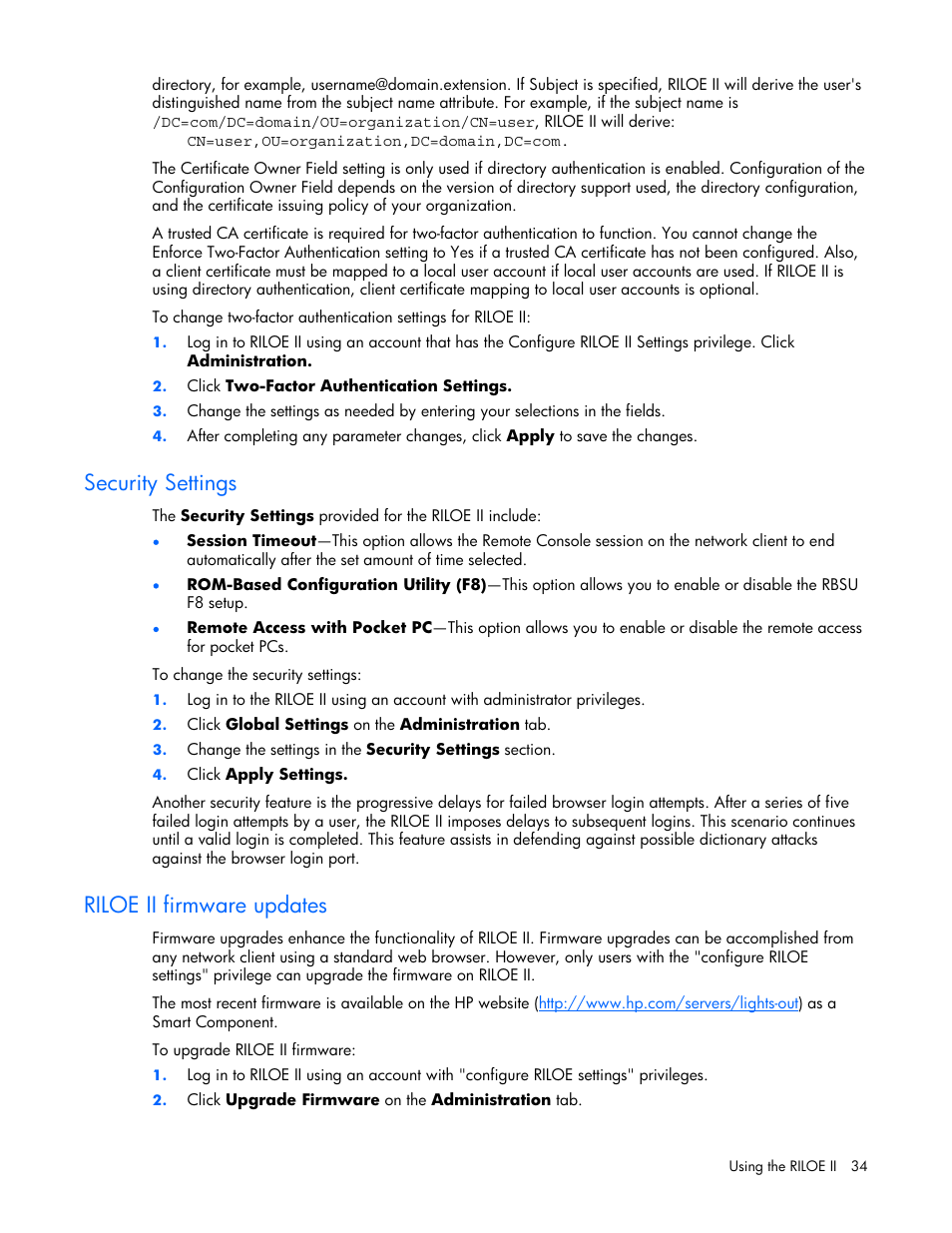 Security settings, Riloe ii firmware updates | HP Remote Insight Lights-Out Edition II Board User Manual | Page 34 / 205