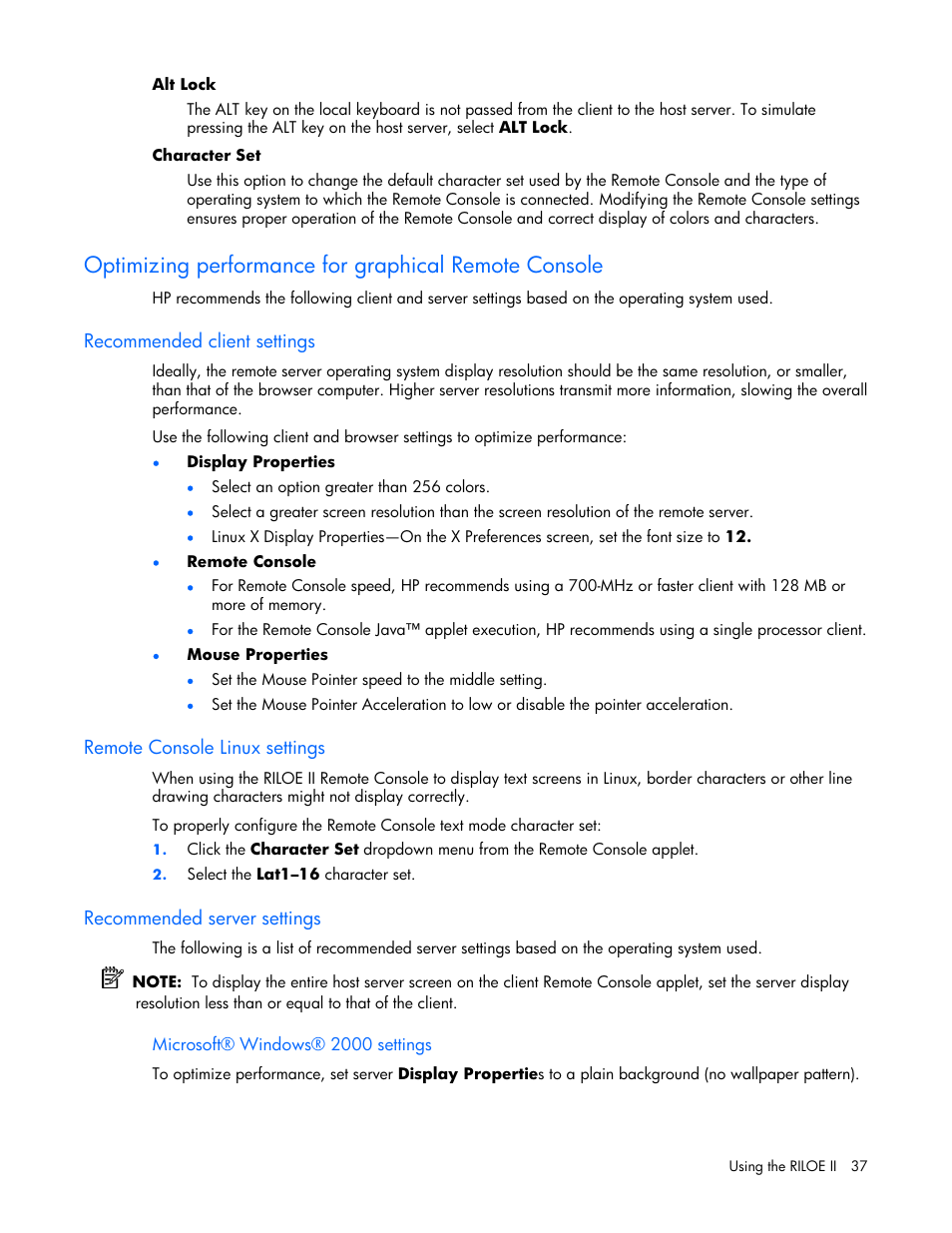 Recommended client settings, Remote console linux settings, Recommended server settings | HP Remote Insight Lights-Out Edition II Board User Manual | Page 37 / 205