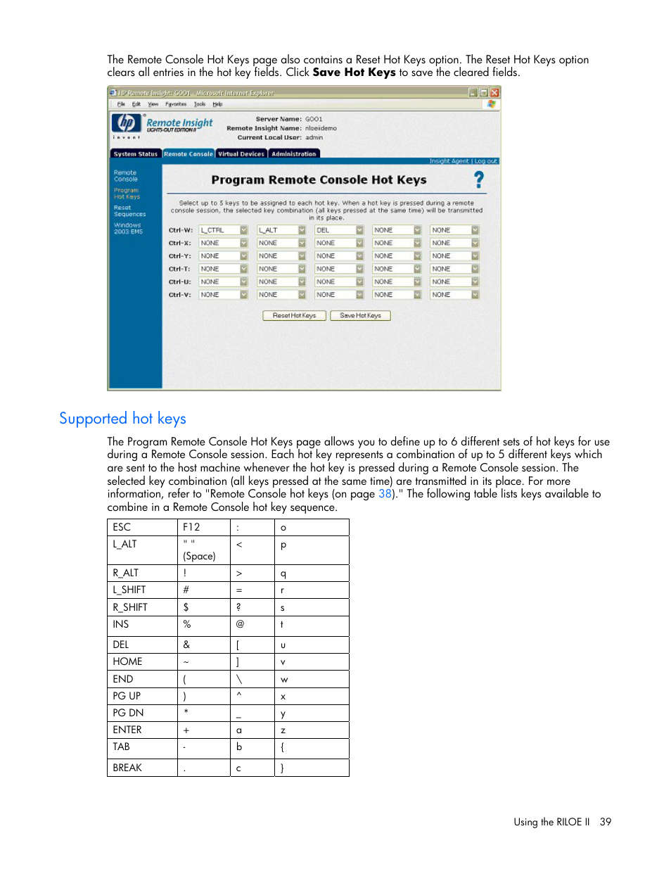 Supported hot keys | HP Remote Insight Lights-Out Edition II Board User Manual | Page 39 / 205