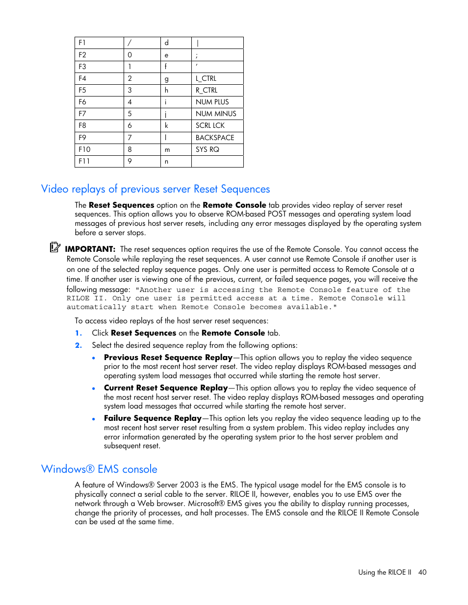 Video replays of previous server reset sequences, Windows® ems console | HP Remote Insight Lights-Out Edition II Board User Manual | Page 40 / 205