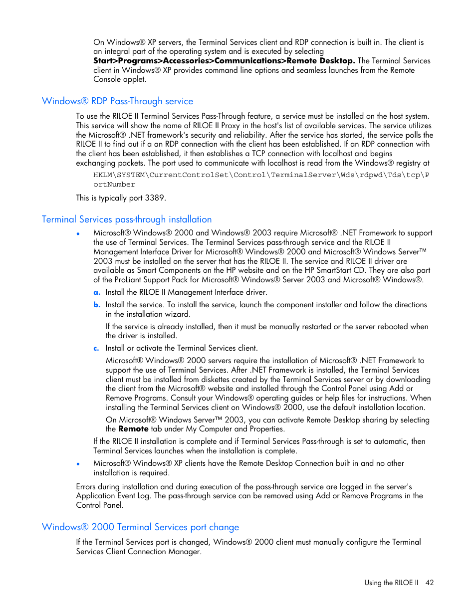 Windows® rdp pass-through service, Terminal services pass-through installation, Windows® 2000 terminal services port change | Section | HP Remote Insight Lights-Out Edition II Board User Manual | Page 42 / 205