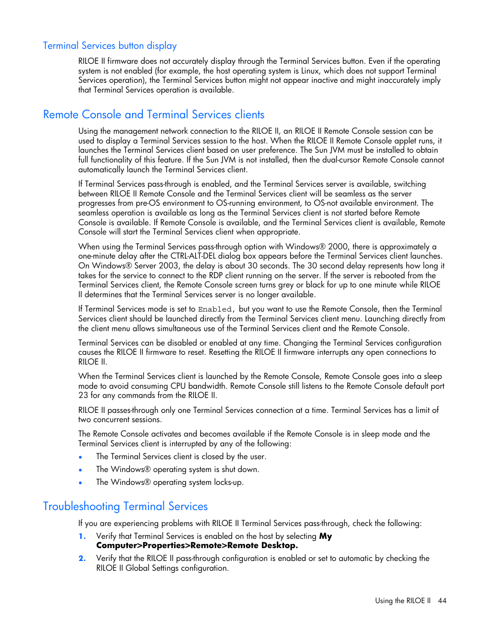 Terminal services button display, Remote console and terminal services clients, Troubleshooting terminal services | HP Remote Insight Lights-Out Edition II Board User Manual | Page 44 / 205