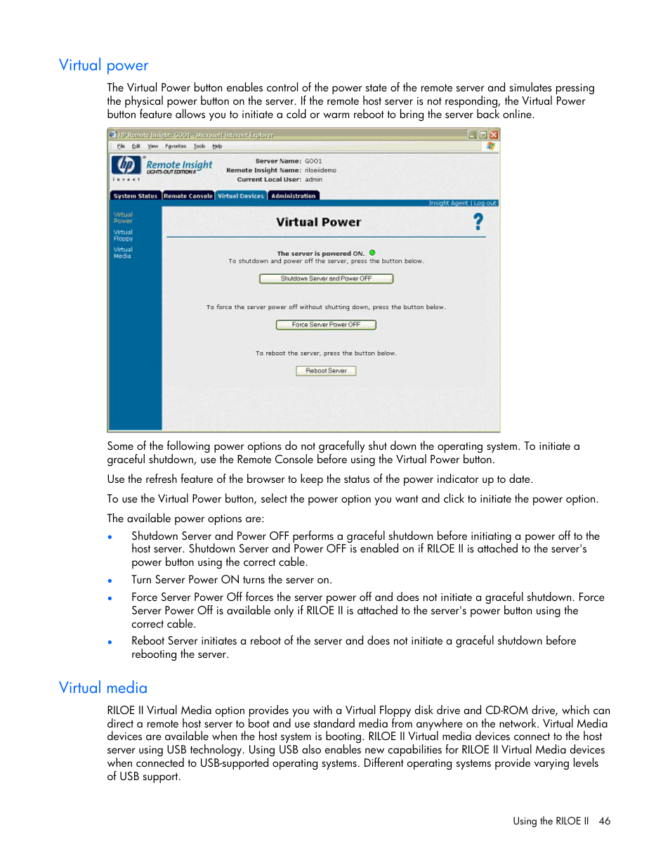 Virtual power, Virtual media | HP Remote Insight Lights-Out Edition II Board User Manual | Page 46 / 205