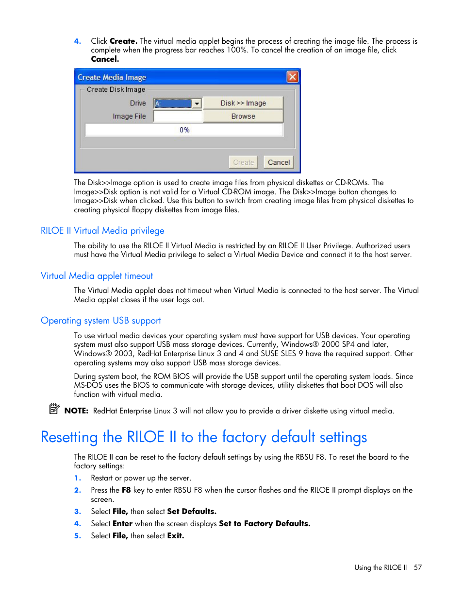 Riloe ii virtual media privilege, Virtual media applet timeout, Operating system usb support | Blication of this | HP Remote Insight Lights-Out Edition II Board User Manual | Page 57 / 205