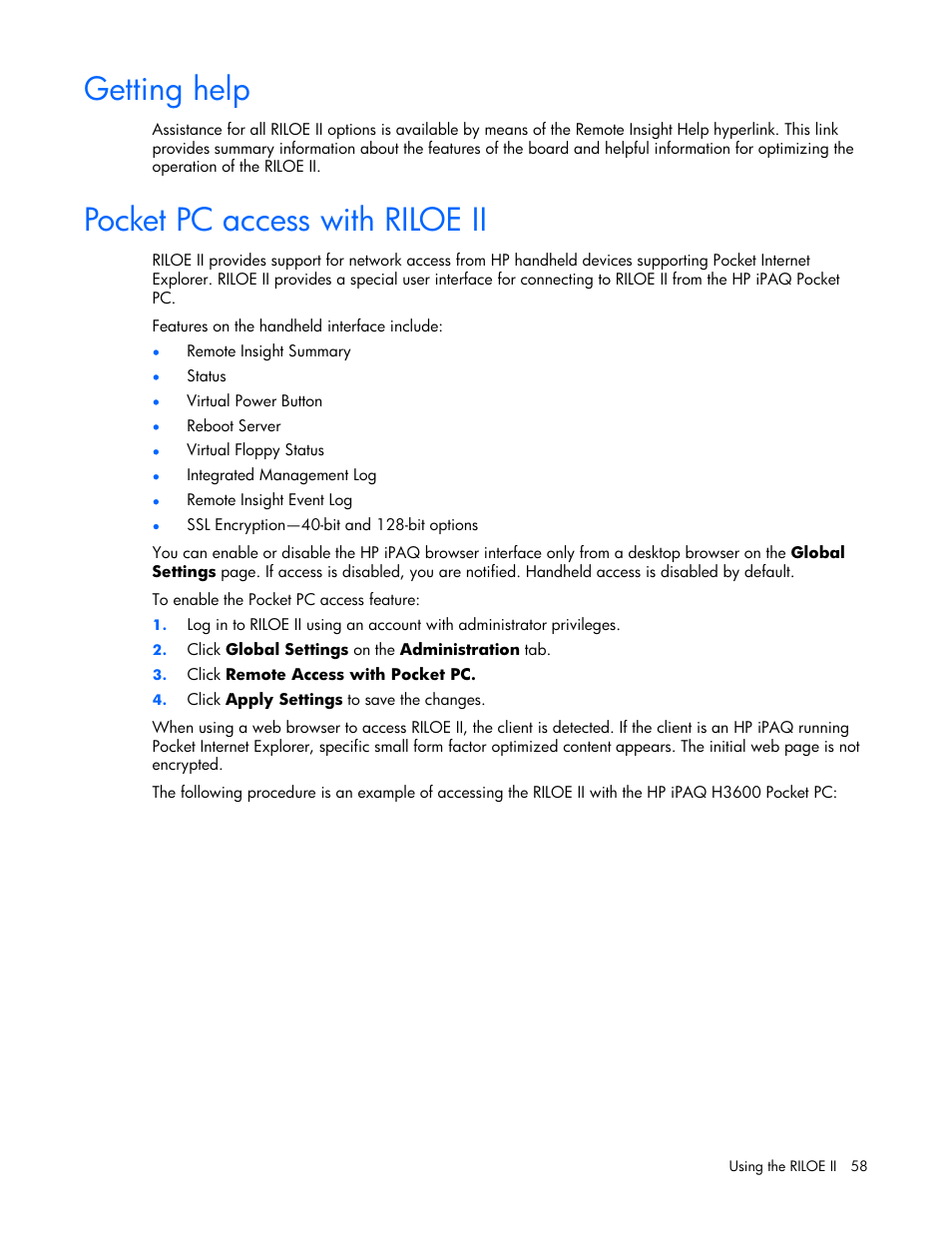 Getting help, Pocket pc access with riloe ii, 58 pocket pc access with riloe ii | HP Remote Insight Lights-Out Edition II Board User Manual | Page 58 / 205