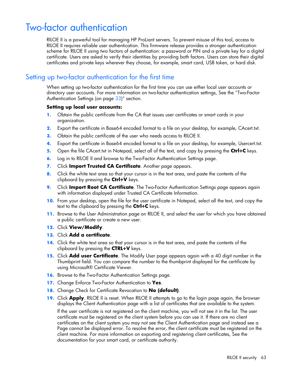 Two-factor authentication | HP Remote Insight Lights-Out Edition II Board User Manual | Page 63 / 205