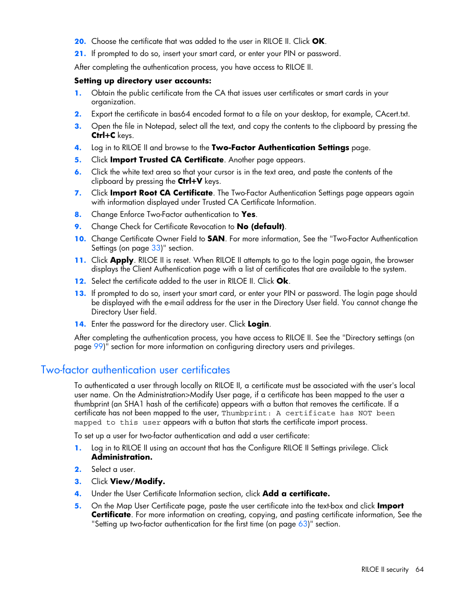Two-factor authentication user certificates | HP Remote Insight Lights-Out Edition II Board User Manual | Page 64 / 205