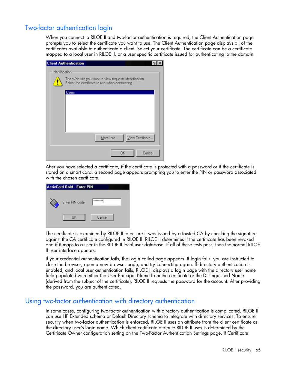 Two-factor authentication login | HP Remote Insight Lights-Out Edition II Board User Manual | Page 65 / 205