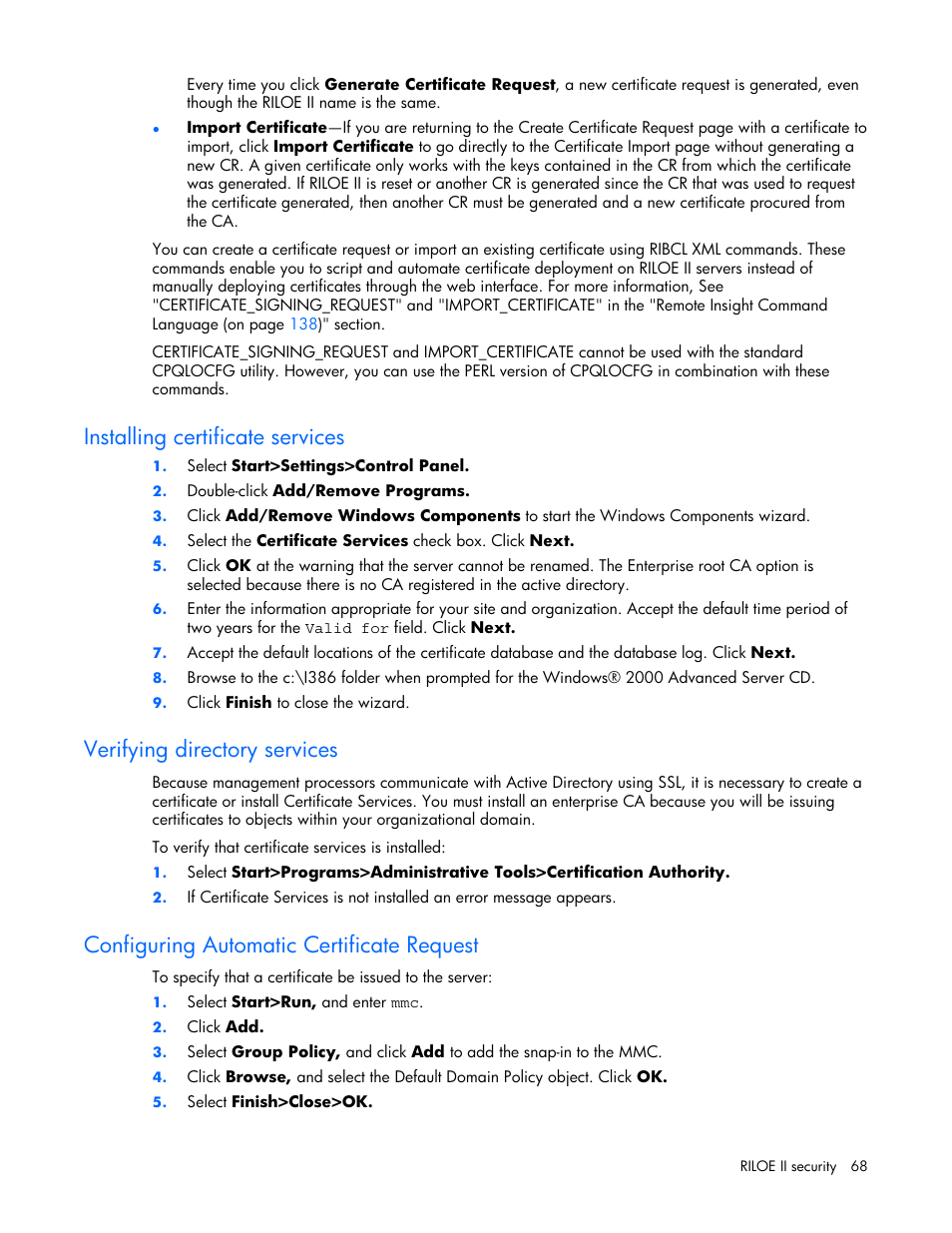 Installing certificate services, Verifying directory services, Configuring automatic certificate request | HP Remote Insight Lights-Out Edition II Board User Manual | Page 68 / 205