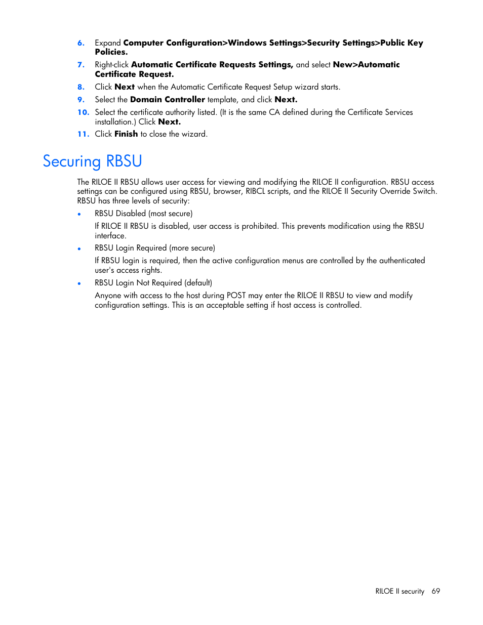 Securing rbsu | HP Remote Insight Lights-Out Edition II Board User Manual | Page 69 / 205