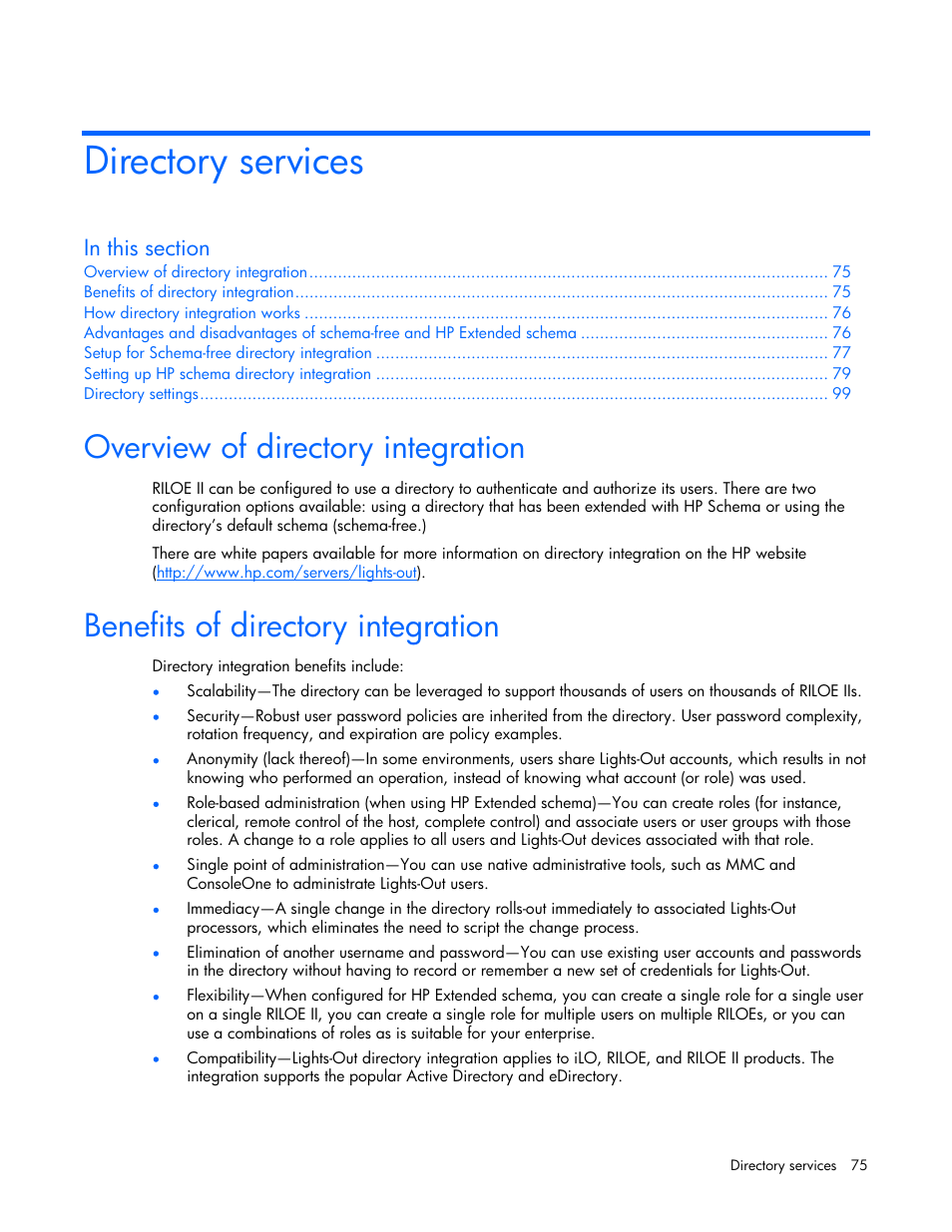 Directory services, Overview of directory integration, Benefits of directory integration | HP Remote Insight Lights-Out Edition II Board User Manual | Page 75 / 205