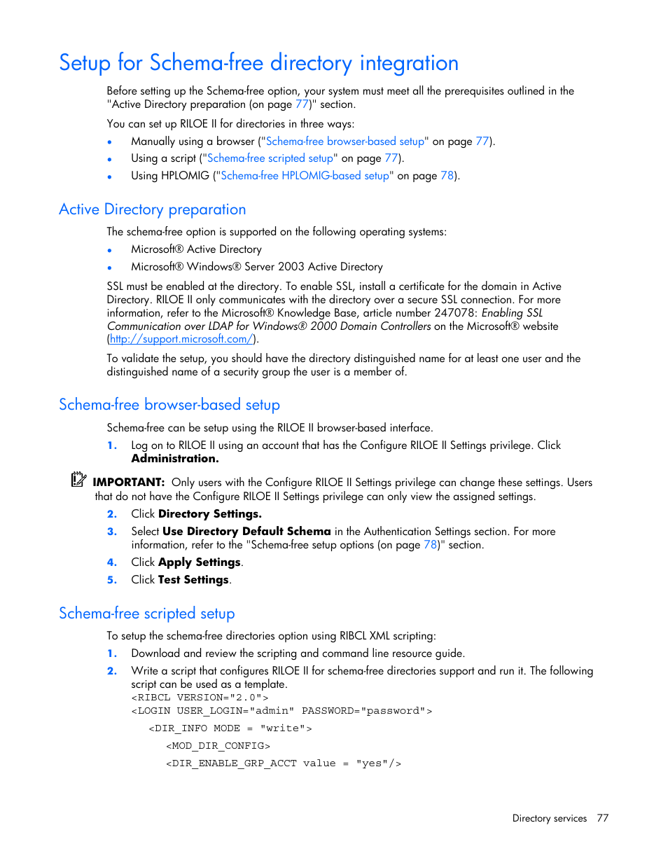 Setup for schema-free directory integration, Active directory preparation, Schema-free browser-based setup | Schema-free scripted setup, Schema-free active directory | HP Remote Insight Lights-Out Edition II Board User Manual | Page 77 / 205