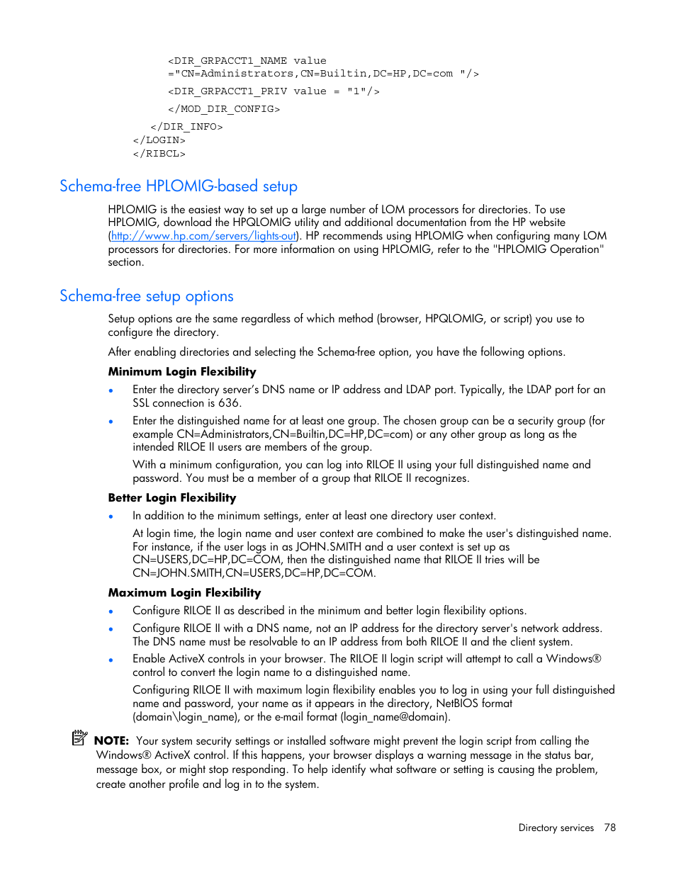 Schema-free hplomig-based setup, Schema-free setup options, Using hplomig | Section | HP Remote Insight Lights-Out Edition II Board User Manual | Page 78 / 205