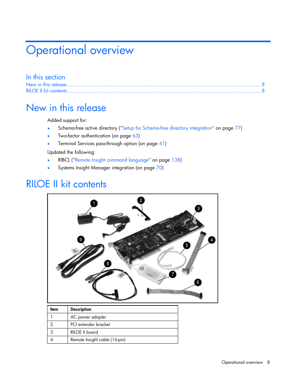 Operational overview, New in this release, Riloe ii kit contents | HP Remote Insight Lights-Out Edition II Board User Manual | Page 8 / 205