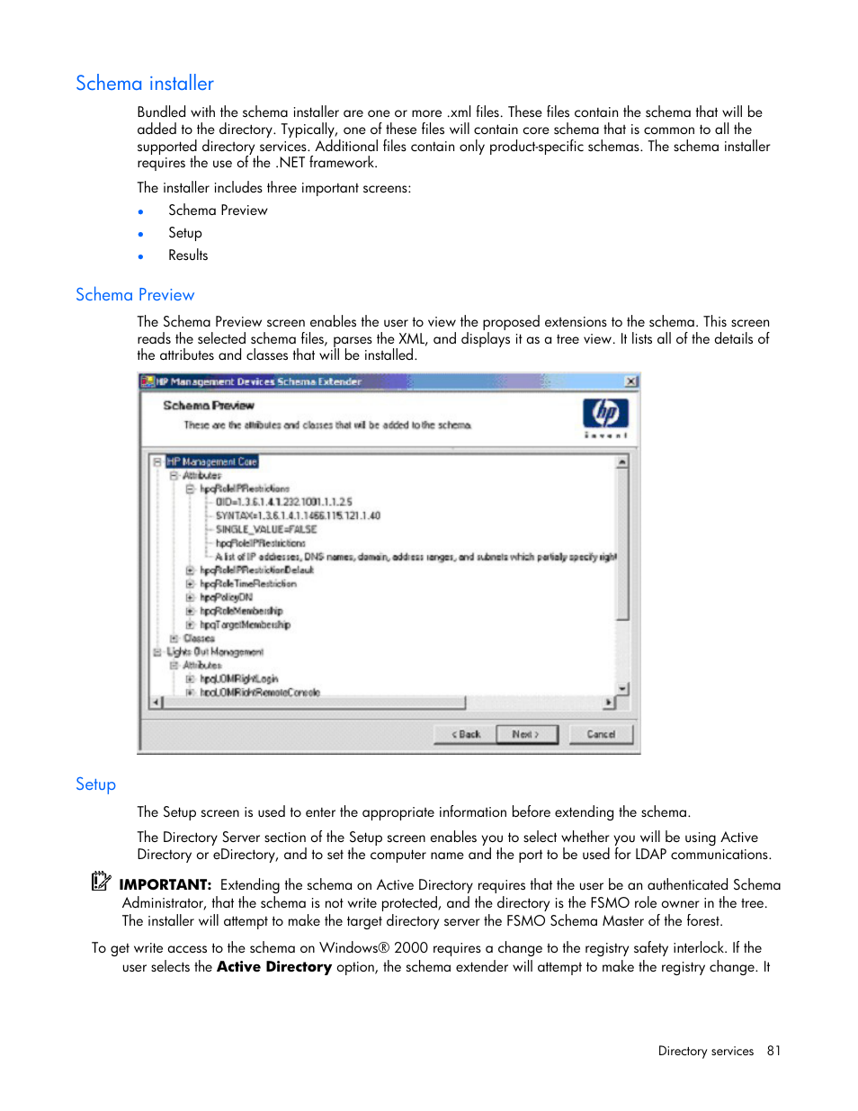 Schema installer, Schema preview, Setup | Once to extend the schema | HP Remote Insight Lights-Out Edition II Board User Manual | Page 81 / 205