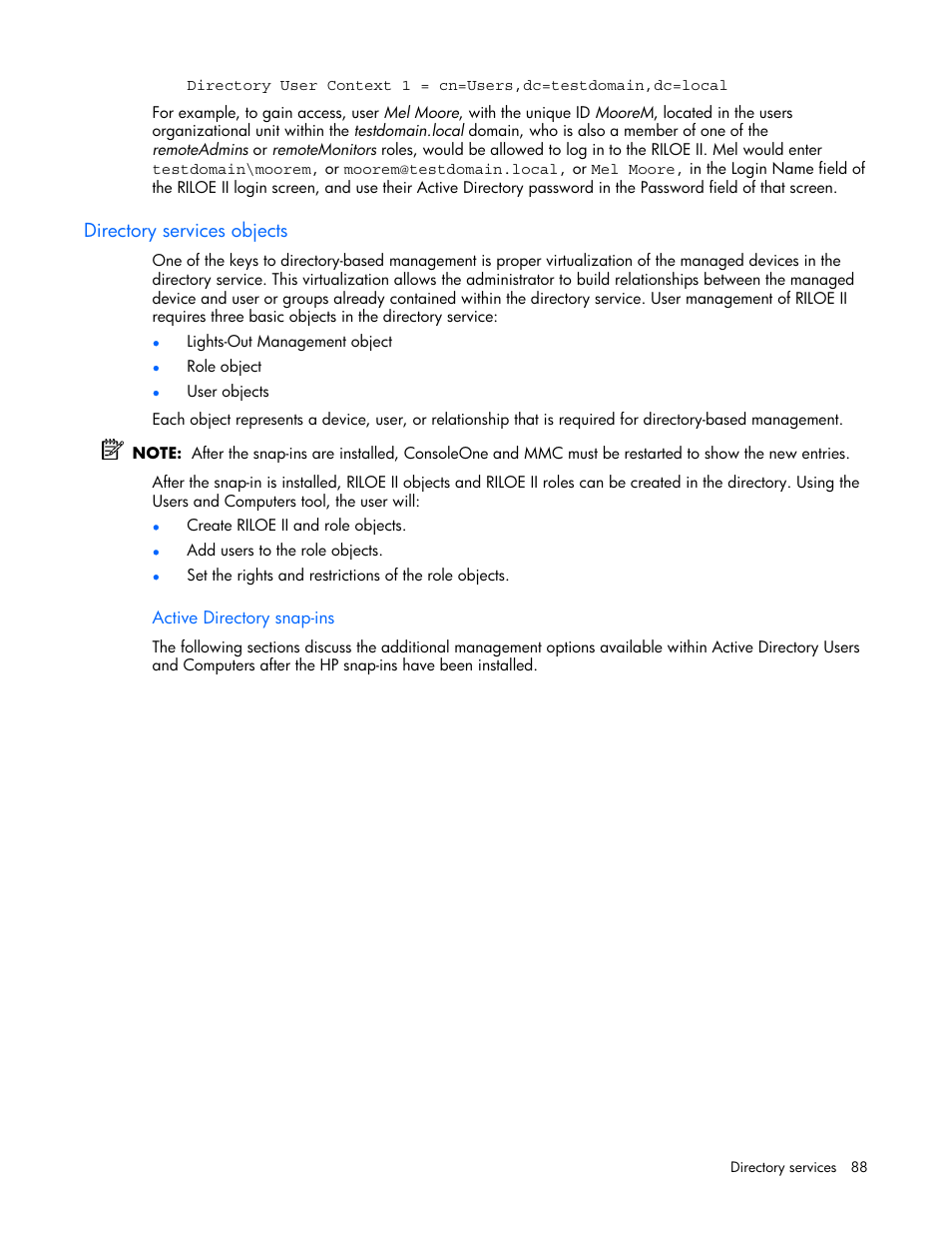 Directory services objects, Object and a role object | HP Remote Insight Lights-Out Edition II Board User Manual | Page 88 / 205