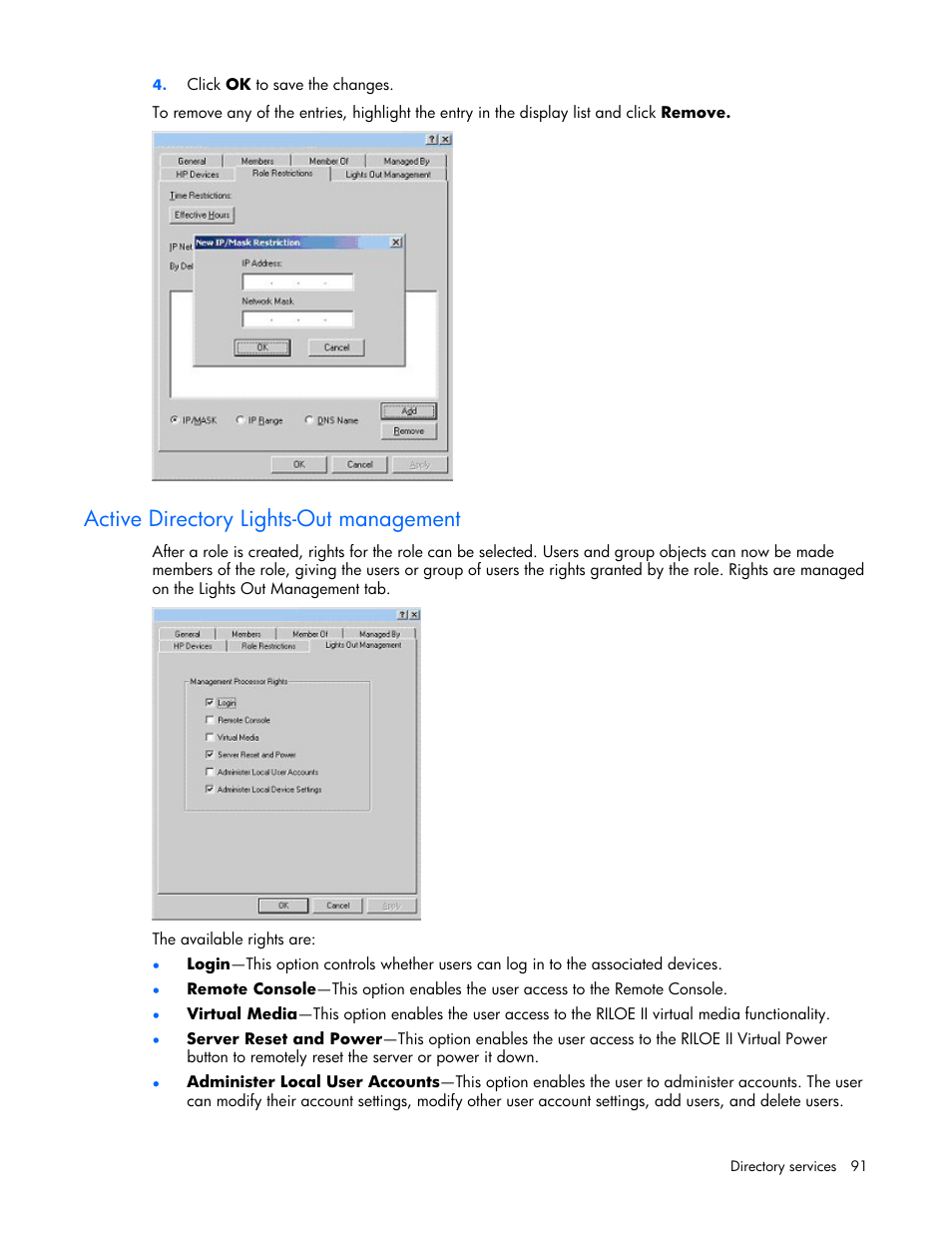 Active directory lights-out management | HP Remote Insight Lights-Out Edition II Board User Manual | Page 91 / 205