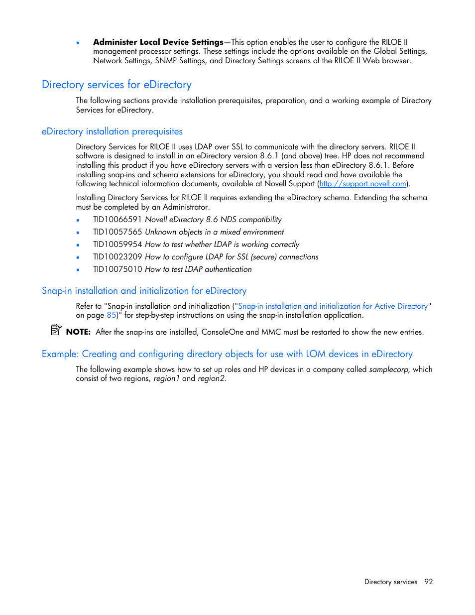 Directory services for edirectory, Edirectory installation prerequisites, Sections | HP Remote Insight Lights-Out Edition II Board User Manual | Page 92 / 205