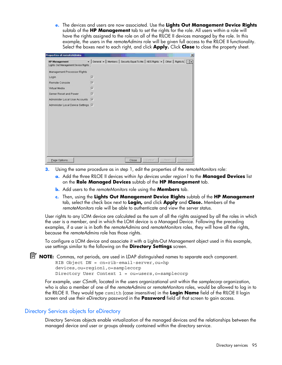 Directory services objects for edirectory | HP Remote Insight Lights-Out Edition II Board User Manual | Page 95 / 205
